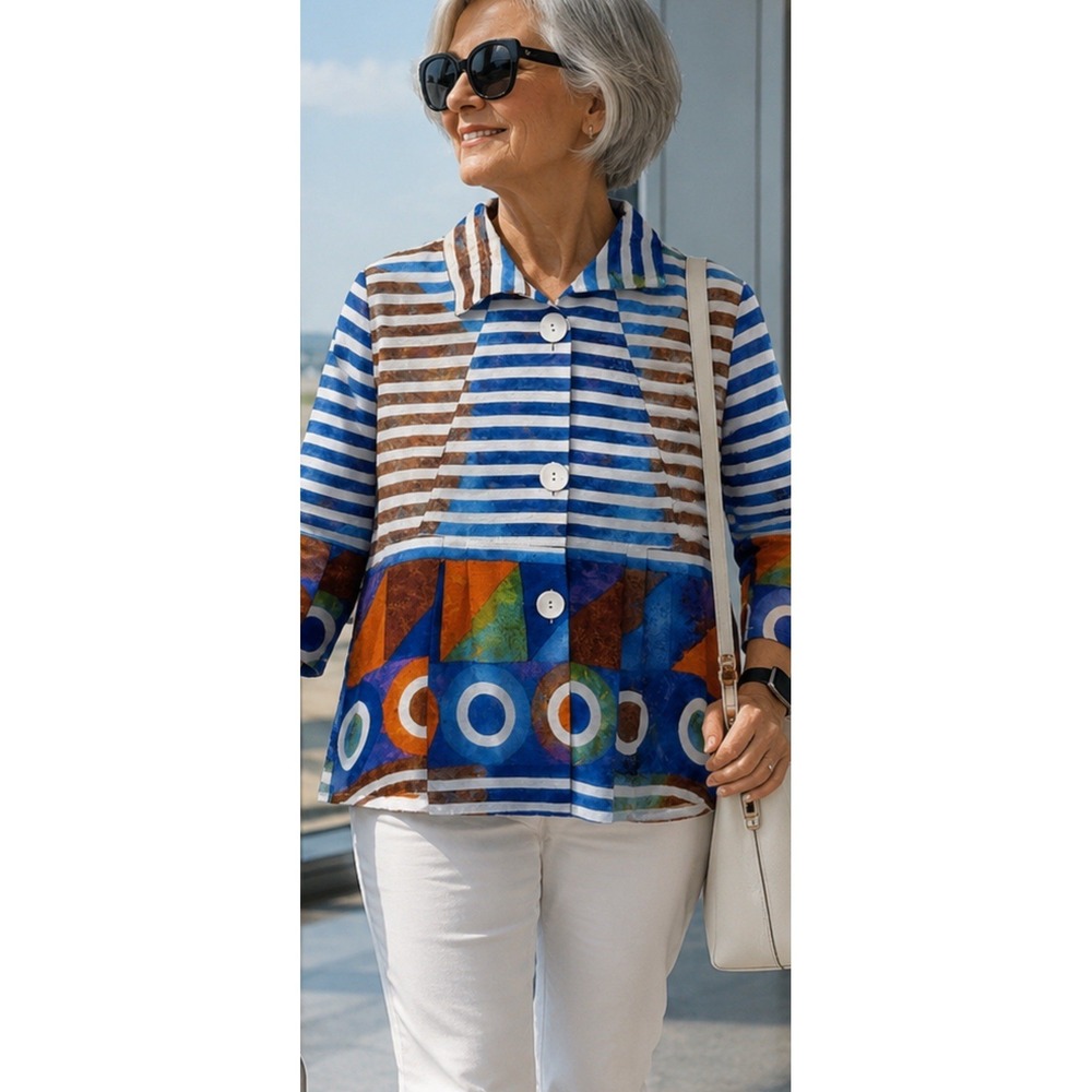 Damee NYC Small Abstract Art  Asymmetrical Pocket Geometric Tunic Cropped Jacket